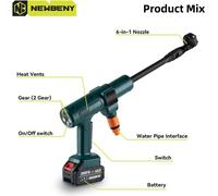 Nettoyeur haute pression portable - Pistolet de lavage sans fil - 3500 W - 200 bars - Moteur sans balais - Buse 6 en 1 - 18 V - Tuyau de 5 m - Vert