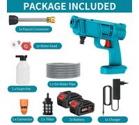 Nettoyeur haute pression portable - Pistolet de pulvérisation - Compatible avec Makita 21 V - 2 batteries - Buse en cuivre - Tuyau d'eau de 5 à 10 mètres - Nettoyage automatique
