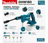 Nettoyeur haute pression portable sans fil Makita DHW180 18V, pistolet à eau haute pression pour le lavage de voitures, l'arrosage des jardins, le nettoyage des sols de patio, le nettoyage des DHW180