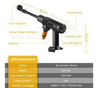 Nettoyeur haute pression sans fil - 200 bars - 21 V - 2 batteries - Idéal pour le lavage automobile et l'arrosage du jardin