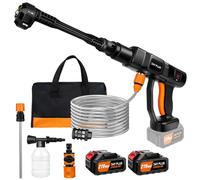Nettoyeur Haute Pression sans Fil 21V avec 2 Batteries (3000mAh), 6 Buses en 1, 45 Bar/652 PSI Pistolet à Jet d’Eau électrique avec Tuyau de 5m, pour Voiture, Jardin, Cour et Voyage (Noir et Orange)