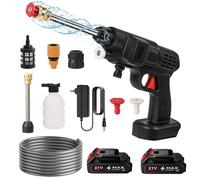 Nettoyeur Haute Pression sans Fil,Nettoyeur Haute Pression sur Batterie,20Bar,Jet Max 10M,Tuyau 5M,Pot en Mousse,Pot en Mousse,Pistolet de Lavage de Arrosage et Voiture (2 Batteries)
