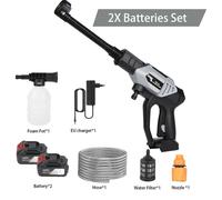 Nettoyeur haute pression sans fil - Pistolet à eau électrique 6 en 1 - Haute performance - 2 batteries - Tuyau d'eau de 5 à 10 mètres - Gris