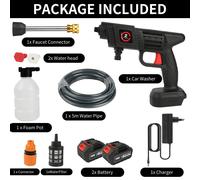 Nettoyeur haute pression sans fil - Pistolet de pulvérisation portable - 21 V - Batterie incluse - Buse en cuivre - Tuyau d'eau de 5 à 10 mètres - Noir