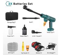 Nettoyeur haute pression sans fil - Pulvérisateur de mousse 6 en 1 - Buse orientable à 180° - 2 batteries - Pour la voiture, le jardin, la terrasse - Vert