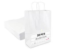 Netuno 20 sacs cadeau papier blancs 25x32x11 cm avec poignées torsadées | Sacs kraft à anses solides pour boutique, mariage, anniversaire, fête, Noël, emballage cadeau, baptême, commerce & événement