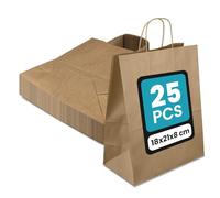 Netuno 25 sacs en papier kraft marron 18 x 21 x 8 cm sac écologique sac kraft coloré pochettes avec poignées sacs cadeaux en papier recyclé pour Noël cadeau fête anniversaire mariage emballage