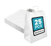 Netuno 25 sacs papier kraft blancs 18x21x8 cm avec poignées torsadées | Sacs cadeaux à anses solides pour emballage cadeau, boutique, Noël, mariage, anniversaire, fête, baptême & commerce
