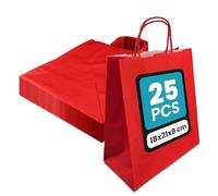 Netuno 25 sacs papier rouges 18x21x8 cm avec poignées torsadées pour Noël | Sacs kraft à anses solides pour emballage cadeau, boutique, mariage, anniversaire, fête, Noël, baptême, commerce & événement