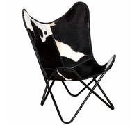 ""NEUF 2026"" CHIC Chaise papillon vintage SWEETY pour salon/chambre noir et blanc cuir de vache 74x66x90 cm FF5506