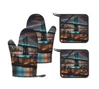 New York Manhattan Bridge Night Set de cuisine imprimé élégant avec gants résistants à la chaleur et coussinets antidérapants pour cuisine barbecue