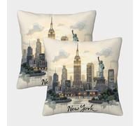 New York Skyline - style de paysage urbain illustré Housse Coussin 2 Pièces Disponible toutes les saisons Taie D'oreiller Décoratives Housses De Coussin Pour Salon Maison De Campagne 40x40cm