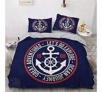 NEWAT Ensemble de literie, motif maritime, avec couette/édredon, avec roue d'ancrage, boussole, lampe en forme de boussole, bouteille de corde pour phare, couleur bleu marine blanc (F, 200 x 200 cm)