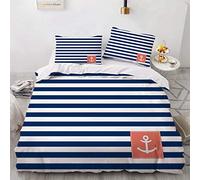 NEWAT Parure de lit sur le thème nautique de l'océan de mer, bateau, ancre, roue, boussole, lampe phare, bouteille de corde, bleu, bleu marine, blanc (C, 220 x 240 cm)