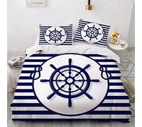 NEWAT Parure de lit sur le thème nautique de l'océan de mer, bateau, ancre, roue, boussole, lampe phare, bouteille de corde, bleu, bleu marine, blanc (D, 135 x 200 cm)