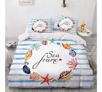 NEWAT Thème nautique mer océan, Housse de couette/édredon Parure de lit, Bateau Navire Ancre Gouvernail Boussole Lampe Phare Corde Bouteille, Bleu Marine Blanc (E, 220 x 240 cm)