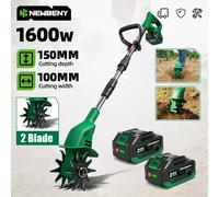 NEWBENY Motoculteur Électrique Rotatif 1600W, Coupe-herbe Portable 150MM, Outil de Retournement de Terre et Tondeuse à Gazon pour Batterie Makita 2xBattery Set