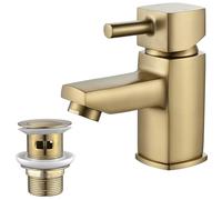 NewEast Robinet de lavabo carré avec bonde de vidage, petit robinet mitigeur d'évier de salle de bain, robinet mitigeur monotrou en laiton brossé doré