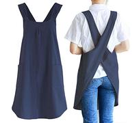 NEWGEM Tablier japonais en lin à bretelles croisées dans le dos, avec poches, idéal pour la cuisine, la pâtisserie, la peinture, le jardinage et le ménage, pour homme, bleu marine