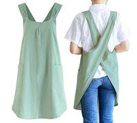 NEWGEM Tabliers de cuisine japonais en lin avec dos croisé pour homme avec poches pour la cuisson, la peinture, le jardinage, le nettoyage - Vert clair