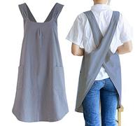 NEWGEM Tabliers de cuisine japonais en lin avec poches pour femme - Mignon pour la pâtisserie, la peinture, le jardinage, le nettoyage - Gris