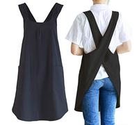 NEWGEM Tabliers de cuisine japonais en lin croisé pour homme avec poches pour la pâtisserie, la peinture, le jardinage, le nettoyage - Noir