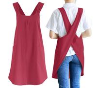 NEWGEM Tabliers de cuisine japonais en lin croisé pour homme avec poches pour la pâtisserie, la peinture, le jardinage, le nettoyage rouge foncé