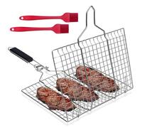 NEWJEK Panier Barbecue Inox, Grille Poisson Pliable avec Poignée Amovible | 32 x 22 cm, acier inoxydable, 2 pinceaux silicone inclus, pour légumes, steak, crevettes, camping, barbecue, jardin