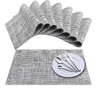 Newk Set de Table (Lot de 8), Tapis de Table tissés en Vinyle à Tissage croisé, Ensemble de Tapis de Table lavables isolants antidérapants - Gris Blanc