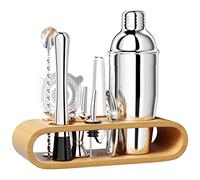 Newpop 750ML Shaker Cocktail, 10 Pièces INOX Shaker Vinaigrette avec Support Bois, Professionnel kit pour Barman, avec crépine, Jigger, verseur, pour mélanger Boissons, Home, Bar, Party (Argent)