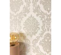 Newroom papier peint intissé beige motifs baroques chambre salon | Médaillons damassés en relief satiné chaleureux, texture tissée, décoration murale florale, entrée et couloir