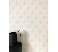 Newroom Papier Peint Intissé Blanc Éventail Art Déco Salon Chambre | Motifs palmes et coquillages, reflet nacré, relief gaufré, papier peint floral, décoration murale, entrée