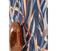 Newroom papier peint intissé bleu feuillage aquarelle salon chambre | Graminées marine et rouille mates, texture lin fine, tapisserie bohème élégante, décoration murale pour entrée et couloir
