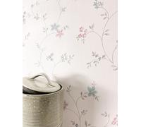 Newroom papier peint intissé bleu pastel à fleurs chambre salon | rinceaux floraux fins, aspect lin doux, crème et vieux rose, shabby chic, décoration murale, revêtement mural, couloir