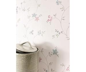 Newroom papier peint intissé bleu pastel à fleurs chambre salon | rinceaux floraux fins, aspect lin doux, crème et vieux rose, shabby chic, décoration murale, revêtement mural, couloir