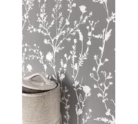 Newroom Papier Peint Intissé Fleurs Sauvages Anthracite Chambre Salon | Silhouettes végétales blanches sur fond sombre, effet mat, décoration murale scandinave, campagne, bohème, entrée et couloir