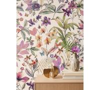 Newroom papier peint intissé floral blanc texture lin décoration murale | Fleurs feuilles et papillons effet aquarelle, style botanique romantique, 10,05 x 0,53 m, pour chambre salon entrée bureau