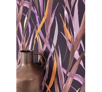 Newroom papier peint intissé lilas feuillage aquarelle salon chambre | Graminées aubergine, mauve et orange mates, texture lin fine, tapisserie bohème, décoration murale pour entrée et couloir