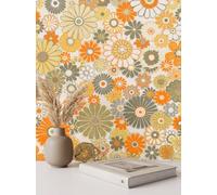 Newroom papier peint intissé orange fleuri rétro décoration murale salon | Fleurs années 70, vinyle à fine structure, pour une chambre ou un bureau, 8,50 x 0,53 m, se retire à sec sans résidus