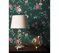 Newroom papier peint intissé vert à fleurs roses chambre salon | Rinceaux floraux sur fond sapin, ambiance vintage romantique, tapisserie florale, décoration murale, séjour, salle à manger