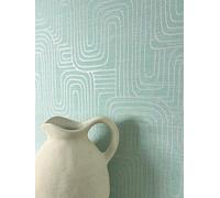 Newroom papier peint intissé vert clair motif graphique couloir | reflets métalliques, lignes de contour argentées, style rétro, décoration murale salon et chambre