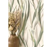 Newroom papier peint intissé vert feuillage aquarelle salon chambre | Graminées sauge et crème mates, texture lin fine, tapisserie nature bohème, décoration murale pour entrée et couloir