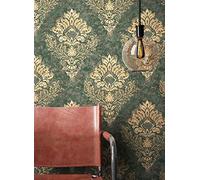 Newroom papier peint intissé vert ornement baroque chambre à coucher | Motifs damassés dorés, éclat métallisé, texture façon éponge, tons sapin bronzé, décoration murale, salon, entrée