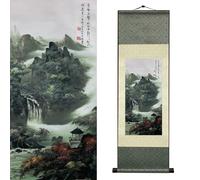 Newscz 92x30 CM Rouleau de soie Paysage de montagne chinoise cascade Décoration murale élégante chambre salon cuisine couloir Peinture chinoise traditionnelle à l'encre sur soie Décor éco-responsable