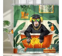 Newsely Rideau de Douche Amusant Singe 183 x 183 cm, Feuilles de Palmier Tropicales, Animal, Bain dans la Baignoire, Moderne, Cool, Rideau de Douche, Ensemble de Salle de Bain pour garçons et Hommes