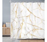 Newsely Rideau de Douche en marbre Abstrait doré et Blanc, 183 x 183 cm (l x H), Motif Ligne craquelée, Texture géométrique, esthétique, Ensemble Unique et imperméable, Accessoires de décoration de