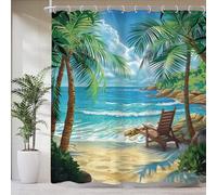 Newsely Rideau de Douche océan 152 x 183 cm Motif Plage Tropical Palmier hawaïen côte d'été Paysage Nautique Vague de mer Plante décoration de Salle de Bain Accessoires de Maison Rideau
