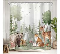 Newsely Rideau de douche pour enfants, animaux de la forêt, 183 x 183 cm, mignons animaux sauvages, rustique, ours de safari, cerf, rideau de douche, ensemble de salle de bain, chambre d'enfant