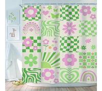 Newsely Rideau de douche rétro mignon vert rose fleur 182 x 183 cm abstrait danois années 70 pastel écossais arc-en-ciel rainuré ensemble de salle de bain pour filles accessoires de décoration de bain