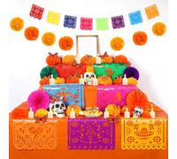 Newwiee Dia De Los Muertos Lot de 82 décorations d'autel Couleur classique | Ofrenda Décorations pour autel, bougie en papier à LED Picado, fleurs de souci, papillon monarque, bannière, nappe jetable